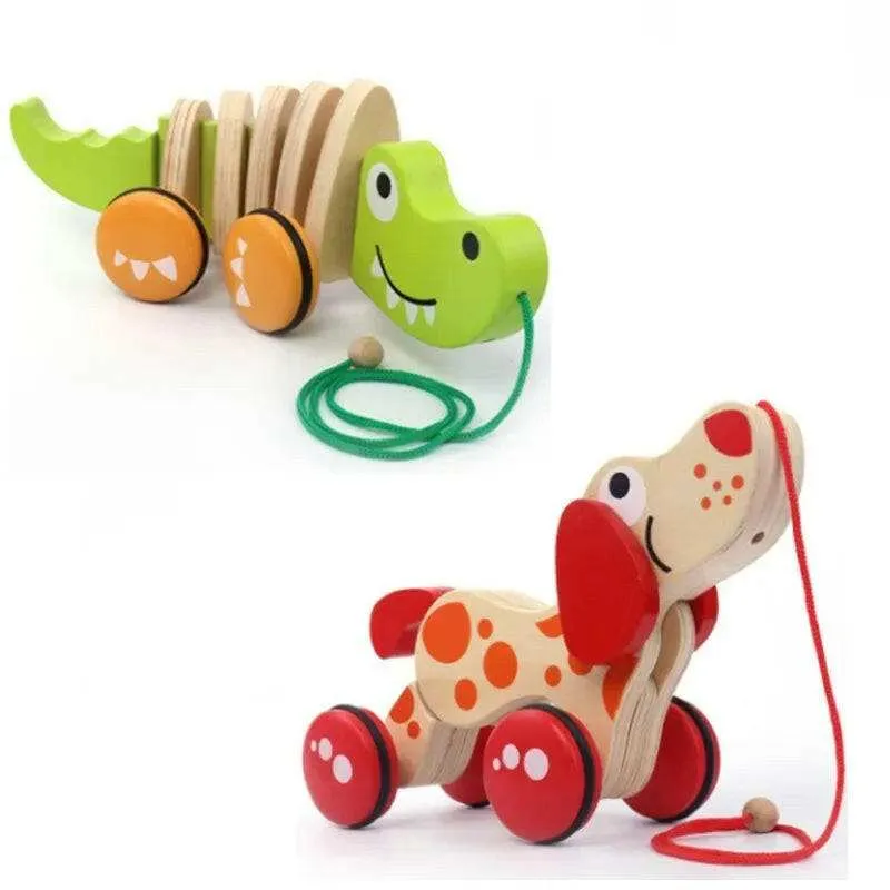 Jouet à tirer en bois pour tout-petits – Jouet éducatif à tirer en forme de chien et de crocodile pour enfants