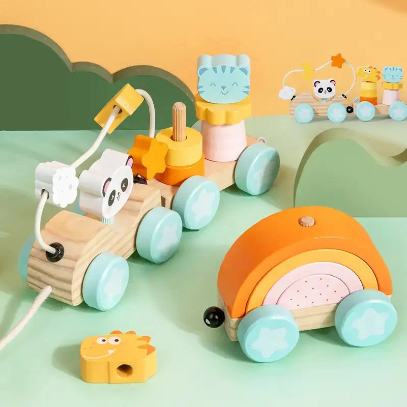 Train à tirer en bois pour tout-petits – Jouet éducatif Montessori à tirer pour garçons et filles