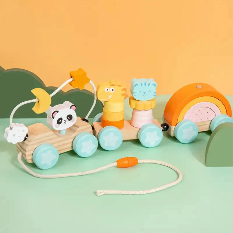 Train à tirer en bois pour tout-petits – Jouet éducatif Montessori à tirer pour garçons et filles
