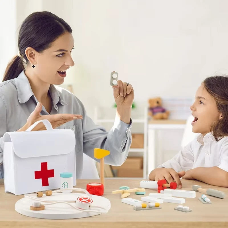 Kit médical en bois Montessori pour tout-petits – Set médical pour jeux de rôle et jouet pour jeux de rôle