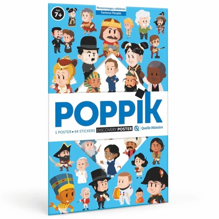 Poster Poppik “Personnages célèbres” (Quelle Histoire) + 44 stickers – Bilingue FR/EN (7–12 ans)