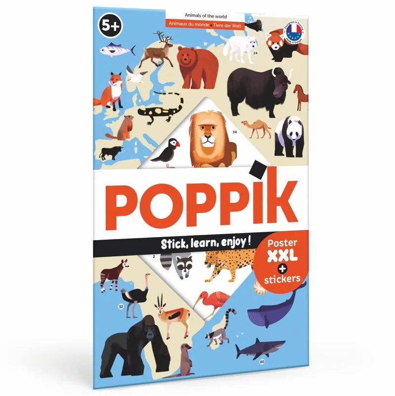 Poster animaux du monde enfant Poppik – 67 stickers – Carte du monde éducative (5–12 ans)