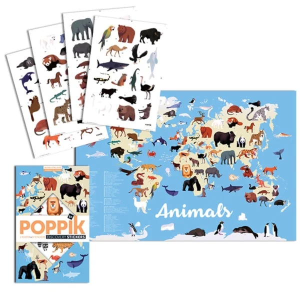 Poster animaux du monde enfant Poppik – 67 stickers – Carte du monde éducative (5–12 ans)