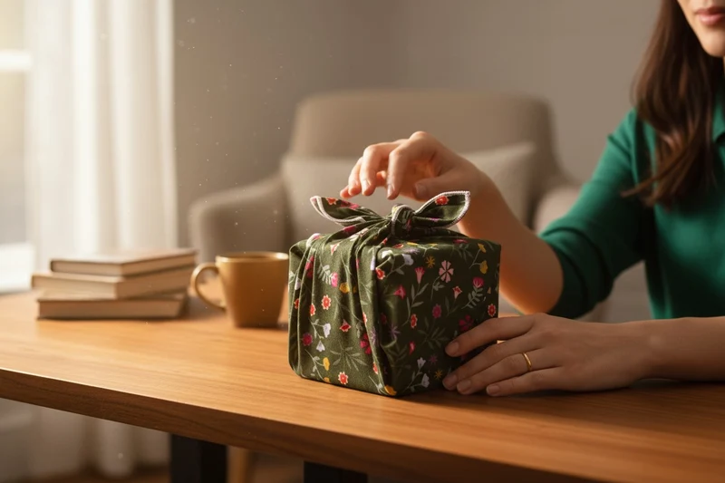 Furoshiki Vert Fleurs en coton – Emballage cadeau zéro déchet (4 tailles)