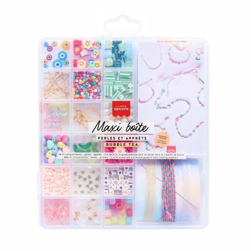 Maxi Boîte de Perles Bubble Tea – Kit Bijoux DIY Colorés 20 compartiments