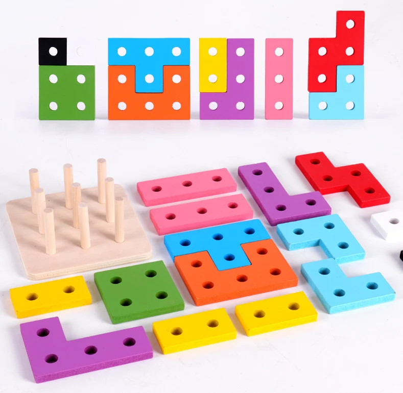 Tetris blocks early education enlightenment set of pillars toy wooden puzzle geometric shape pairing
